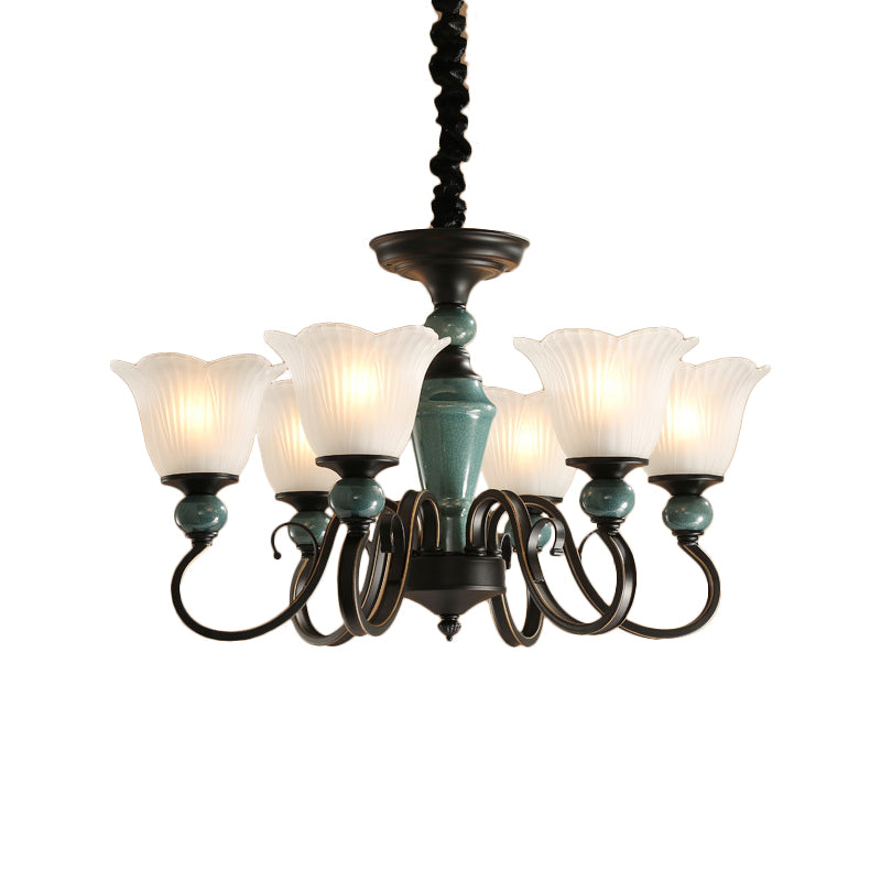 Farmhouse Blossom Up Chandelier - 3/8/12 Frosted Ribbed Glass Ceiling Hang Lights In Blackish Green