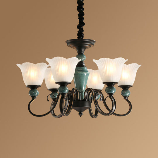 Farmhouse Blossom Up Chandelier - 3/8/12 Frosted Ribbed Glass Ceiling Hang Lights In Blackish Green