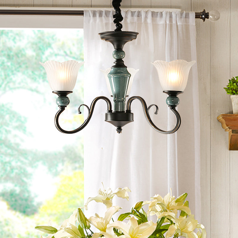 Farmhouse Blossom Up Chandelier - 3/8/12 Frosted Ribbed Glass Ceiling Hang Lights In Blackish Green