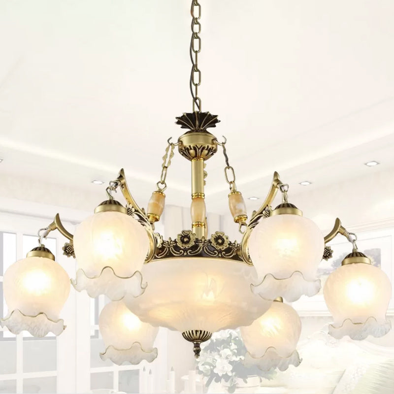 9-Bulb Frosted White Glass Chandelier Lamp In Bronze - Traditional Floral Pendant Light Fixture