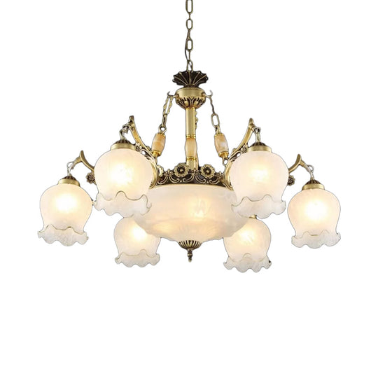 9-Bulb Frosted White Glass Chandelier Lamp In Bronze - Traditional Floral Pendant Light Fixture