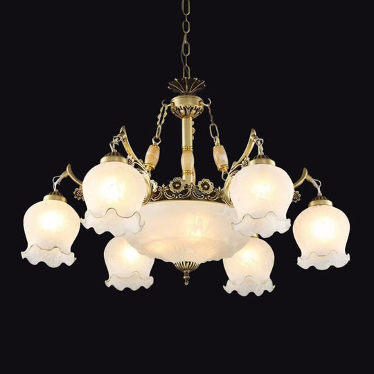 9-Bulb Frosted White Glass Chandelier Lamp In Bronze - Traditional Floral Pendant Light Fixture