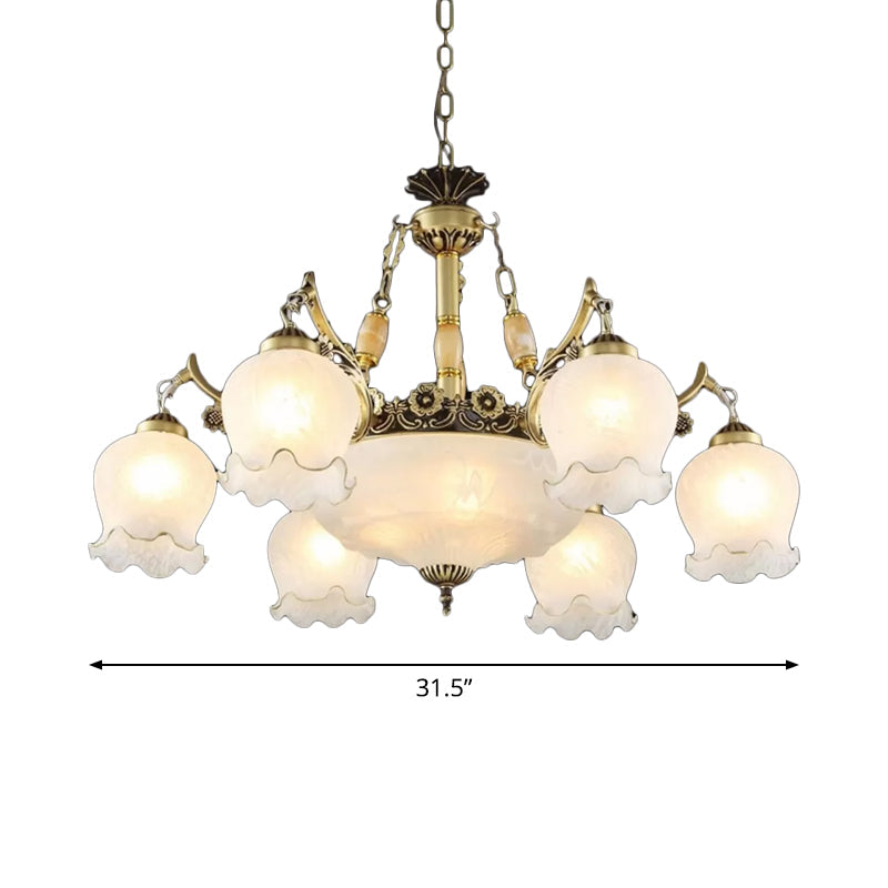 9-Bulb Frosted White Glass Chandelier Lamp In Bronze - Traditional Floral Pendant Light Fixture