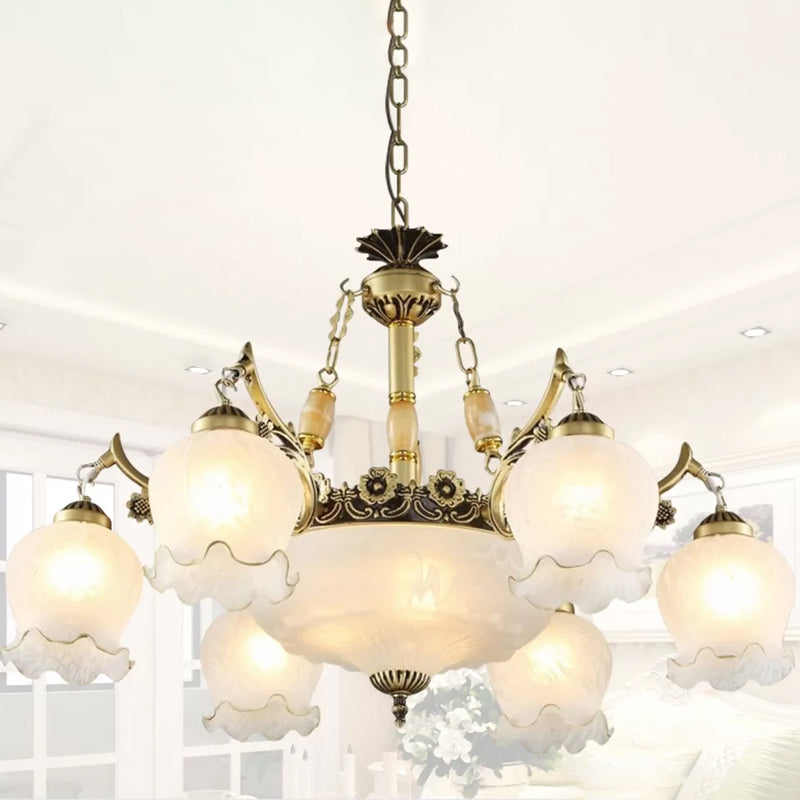 Ivory Glass Pendant Lamp - Traditional Living Room Chandelier Light Bronze