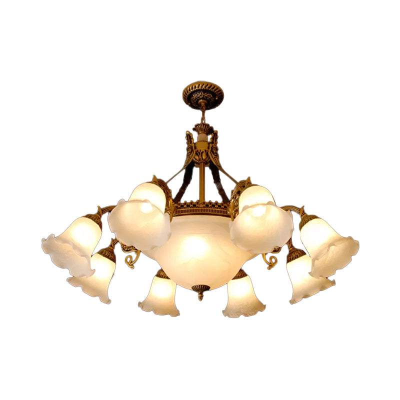 Milky Glass Farmhouse Chandelier - 11 Heads Pendant Lighting In Bronze For Dining Room