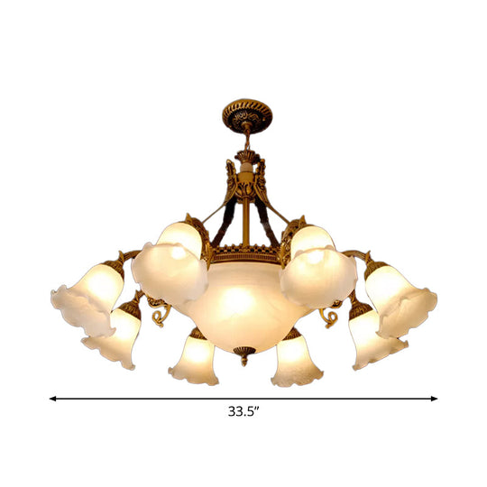 Milky Glass Farmhouse Chandelier - 11 Heads Pendant Lighting In Bronze For Dining Room