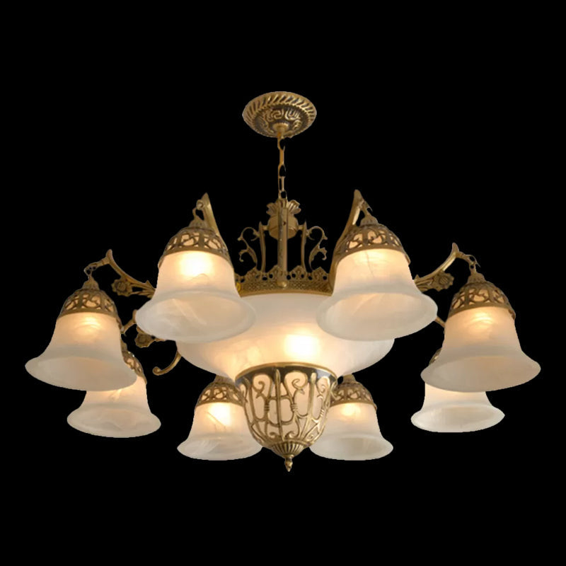 Retro Chandelier With 11 Bulbs And Alabaster Bell Glass Shade - Bronze Finish