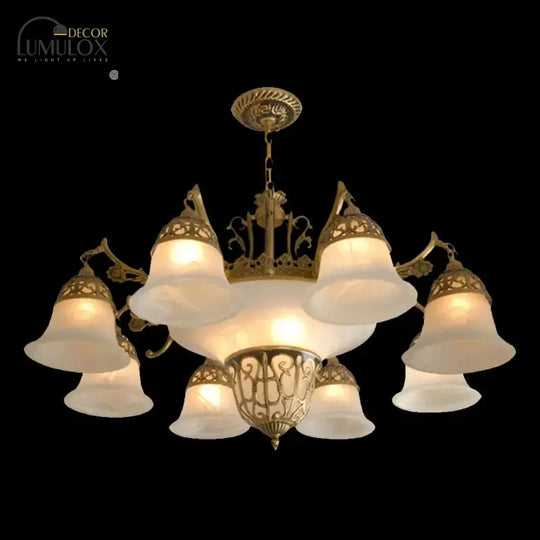 11 Bulbs Down Chandelier Retro Living Room Hanging Light Kit with Bell Alabaster Glass Shade in Bronze