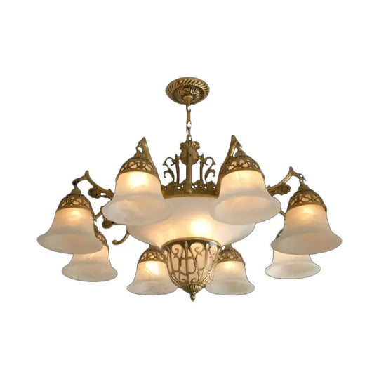 11 Bulbs Down Chandelier Retro Living Room Hanging Light Kit with Bell Alabaster Glass Shade in Bronze