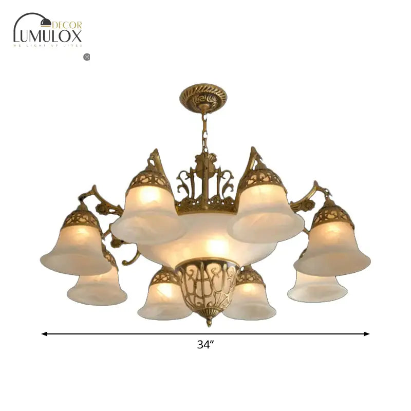 11 Bulbs Down Chandelier Retro Living Room Hanging Light Kit with Bell Alabaster Glass Shade in Bronze