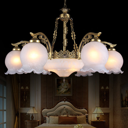 Rustic Brass Chandelier - 9-Light Half-Bloom Ceiling Pendant With White Glass