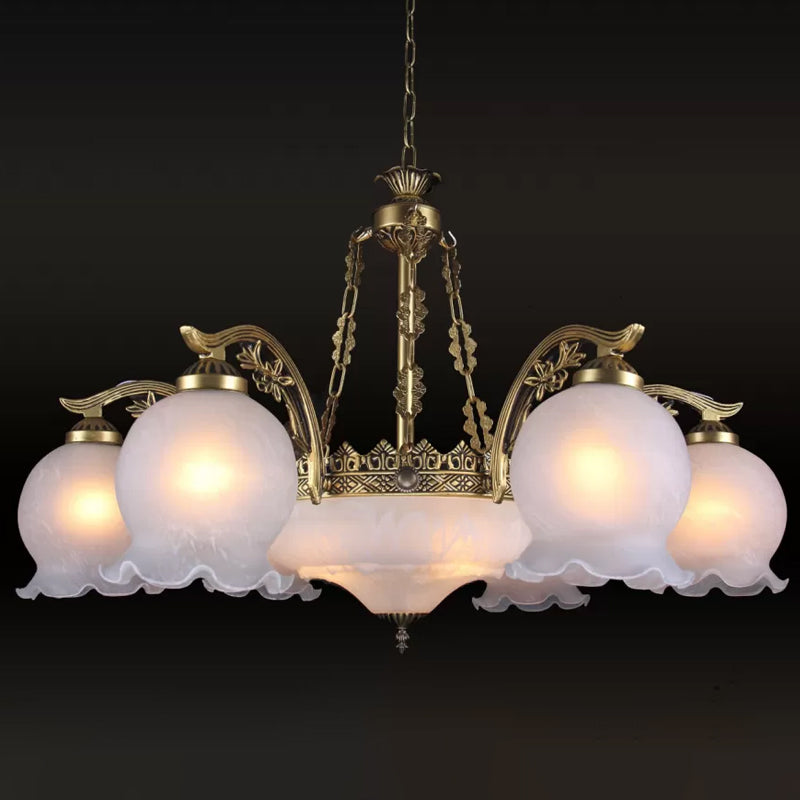 Rustic Brass Chandelier - 9-Light Half-Bloom Ceiling Pendant With White Glass