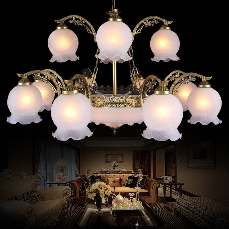 15-Head Traditional Flowerbud Opal Frosted Glass Chandelier Pendant Light - Bronze Finish