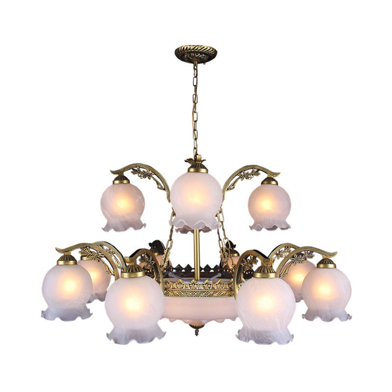 15-Head Traditional Flowerbud Opal Frosted Glass Chandelier Pendant Light - Bronze Finish