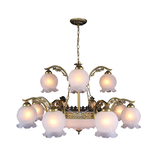 15-Head Traditional Flowerbud Opal Frosted Glass Chandelier Pendant Light - Bronze Finish