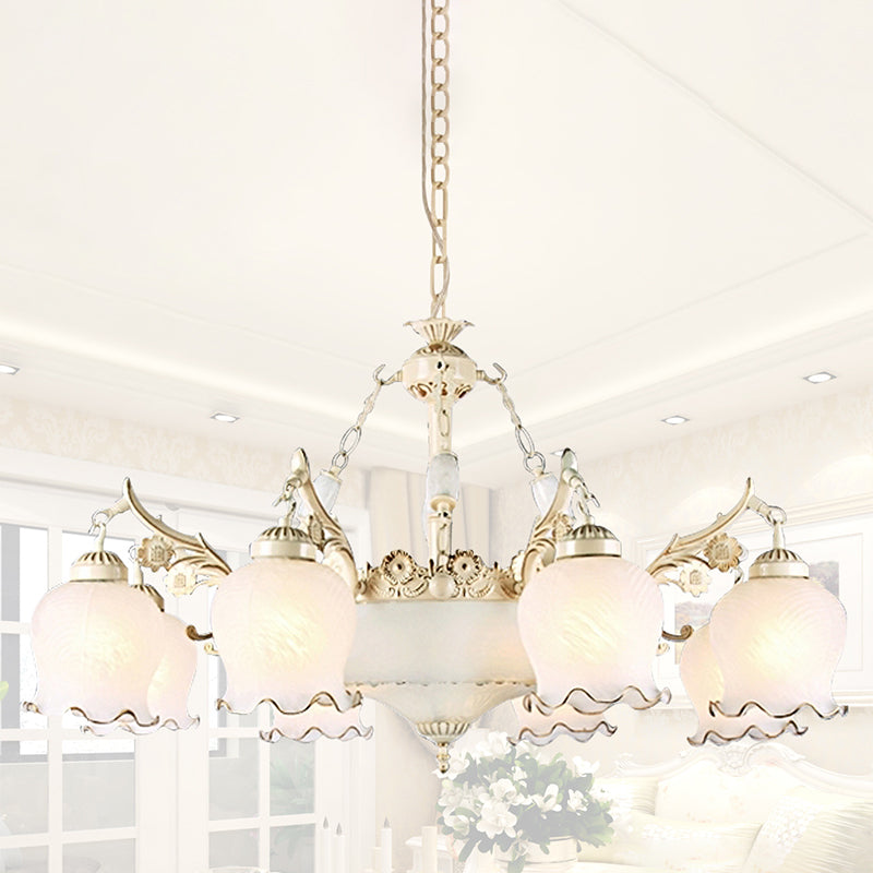 Traditional White Glass Chandelier - Flower Bud Design | Dining Room Drop Lamp 11 Lights