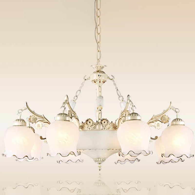 Traditional White Glass Chandelier - Flower Bud Design | Dining Room Drop Lamp 11 Lights