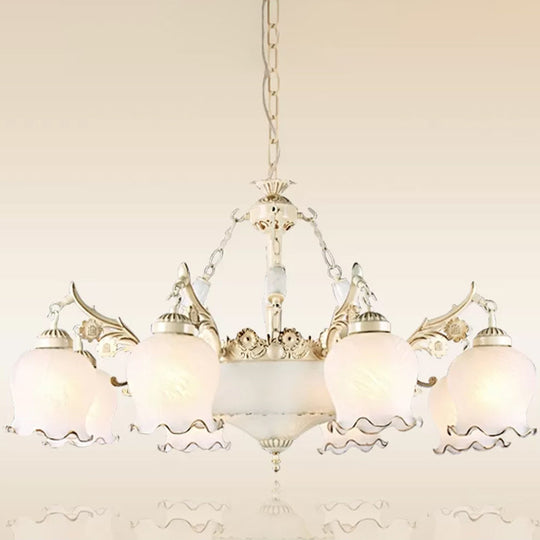 Traditional White Glass Chandelier - Flower Bud Design | Dining Room Drop Lamp 11 Lights