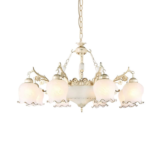 Traditional White Glass Chandelier - Flower Bud Design | Dining Room Drop Lamp 11 Lights