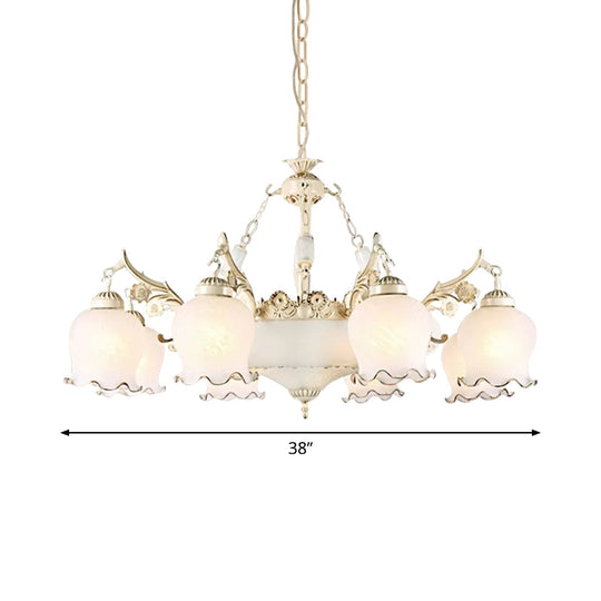 Traditional White Glass Chandelier - Flower Bud Design | Dining Room Drop Lamp 11 Lights