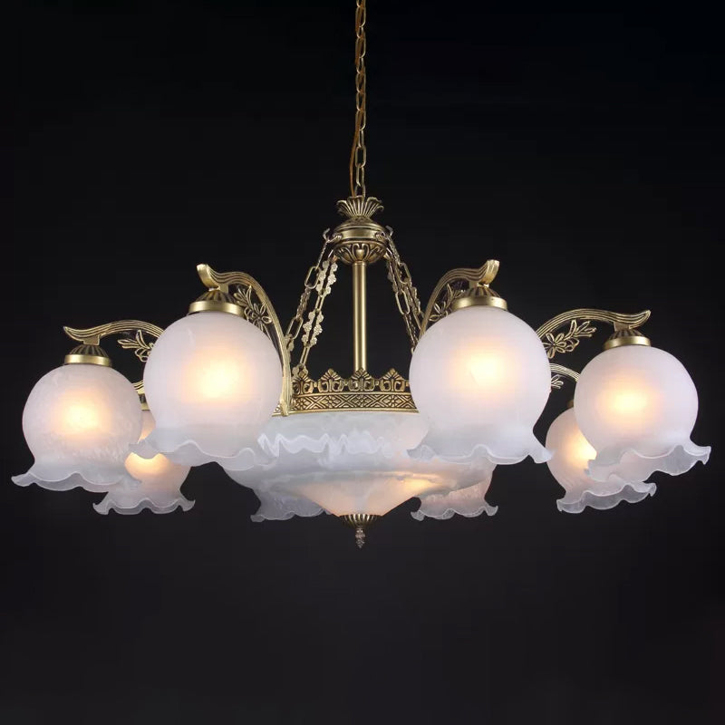 Farmhouse Bronze Chandelier With 11 Ruffled Down Bulbs And White Glass Ceiling Light