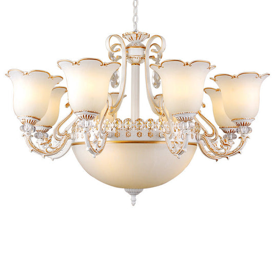 Traditional Opal Glass Floral Chandelier - Dining Room Hanging Light With Up/Down Lighting