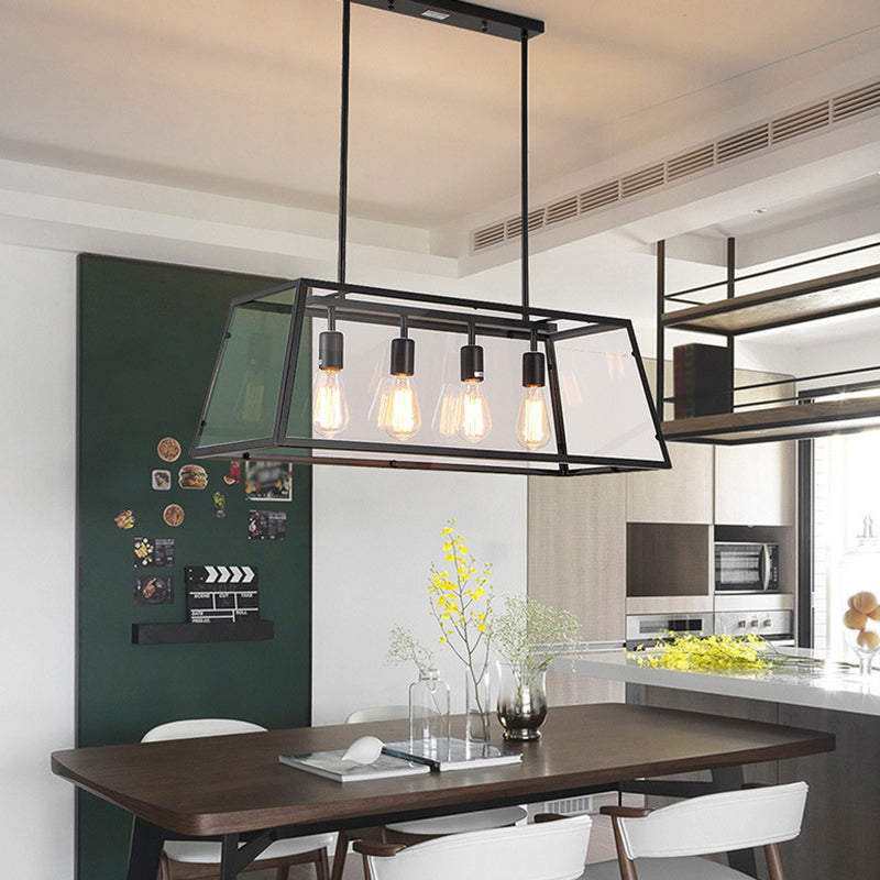 Black Metal Trapezoid Island Pendant Light With 4 Industrial Heads For Dining Room