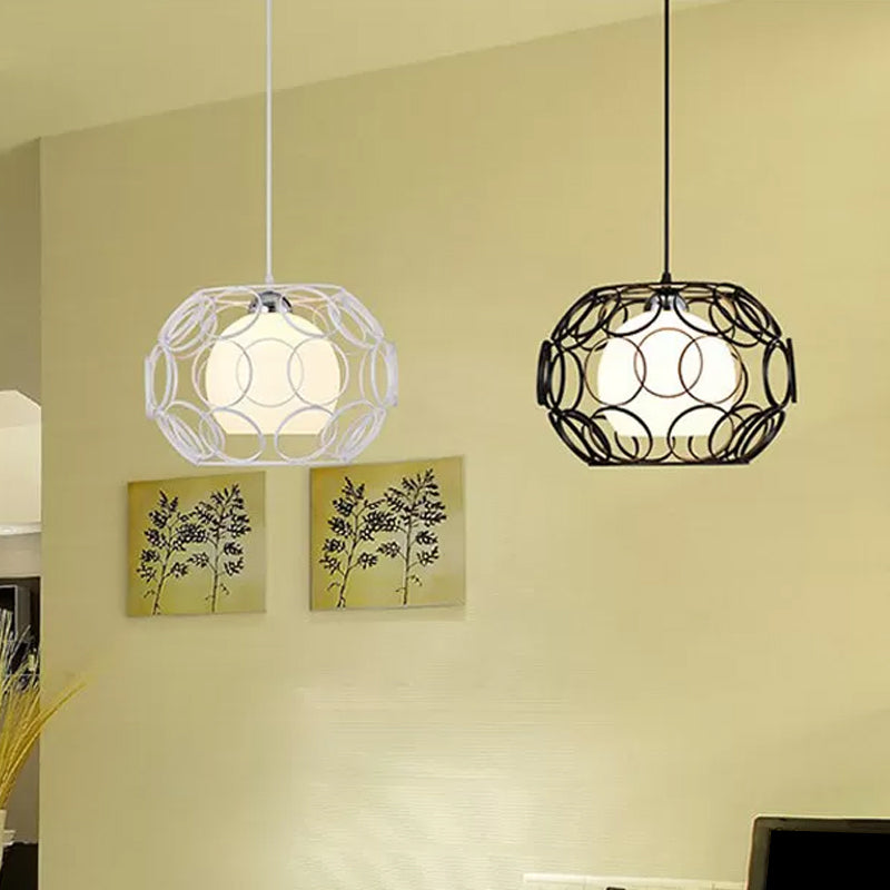 Black/White Hanging Pendant Light With Metal Spring Opal Glass Shade White / Oval