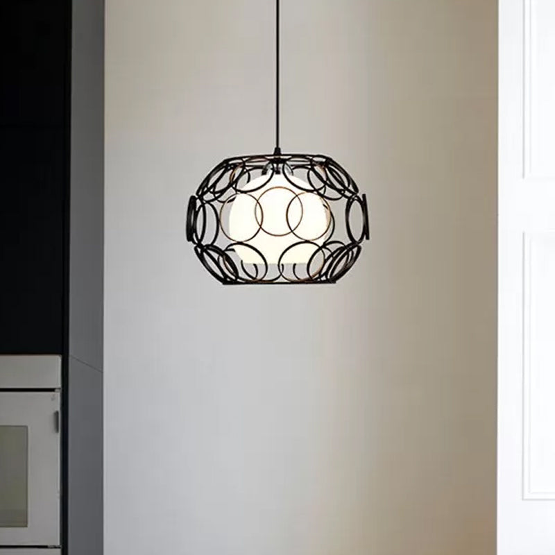 Black/White Hanging Pendant Light With Metal Spring Opal Glass Shade Black / Oval