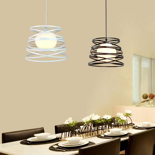 Black/White Hanging Pendant Light With Metal Spring Opal Glass Shade White /