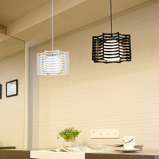 Black/White Hanging Pendant Light With Metal Spring Opal Glass Shade White / Octagon