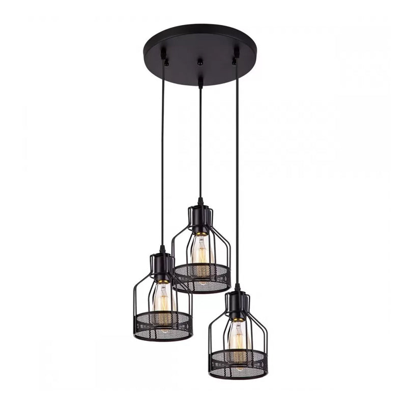 Rustic Black Iron 3-Light Bottle Frame Multi-Pendant Ceiling Hang Light for Dining Room