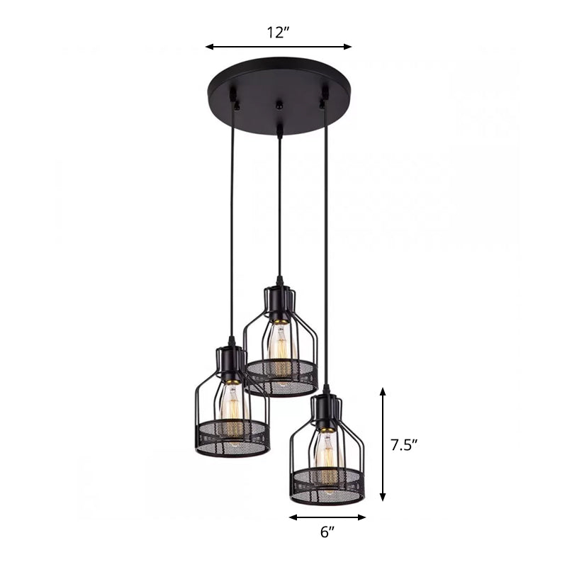 Rustic Black Iron Multi-Pendant Hanging Light With 3 Lights - Ideal For Dining Room Decor