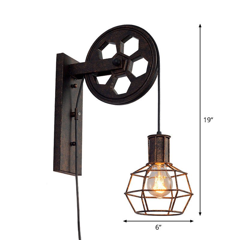 Antique Black Single Pulley Wall Light - Industrial Iron Wire Cage For Restaurant Lighting