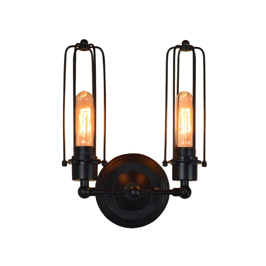 Industrial Bedroom Wall Lamp With 1/2-Head Rotatable Design Tube Metal Cage Black Finish