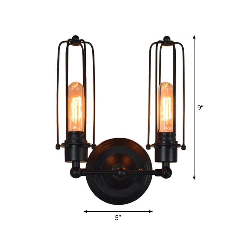 Industrial Bedroom Wall Lamp With 1/2-Head Rotatable Design Tube Metal Cage Black Finish