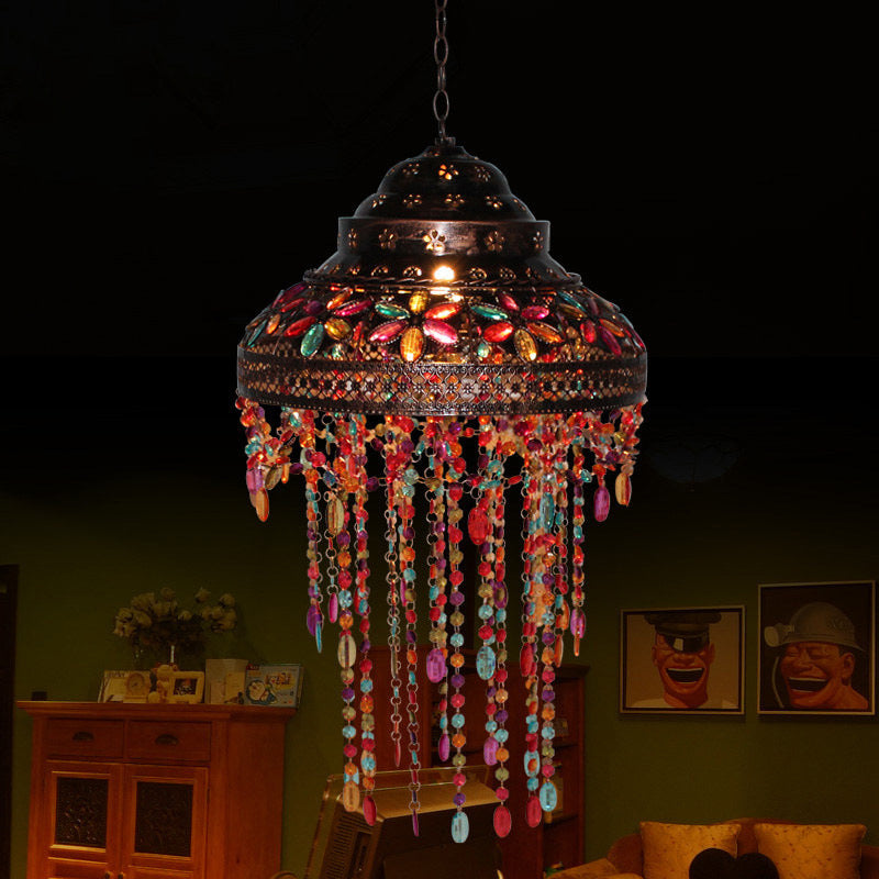 Boho Stained Glass Pendant Copper Lamp - Bowl Dining Room Down Light With Beaded Drape