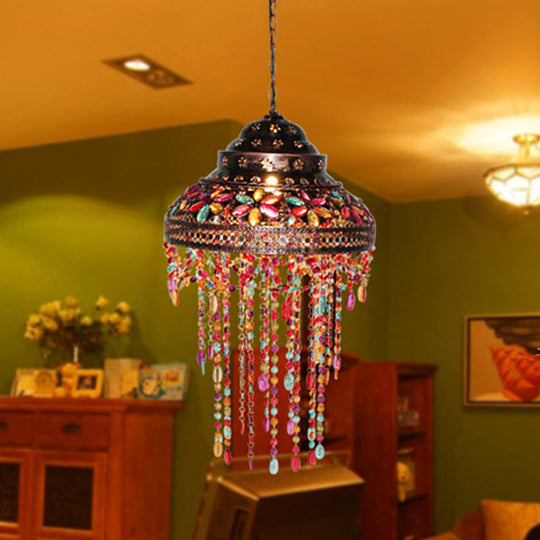 Boho Stained Glass Pendant Copper Lamp - Bowl Dining Room Down Light With Beaded Drape