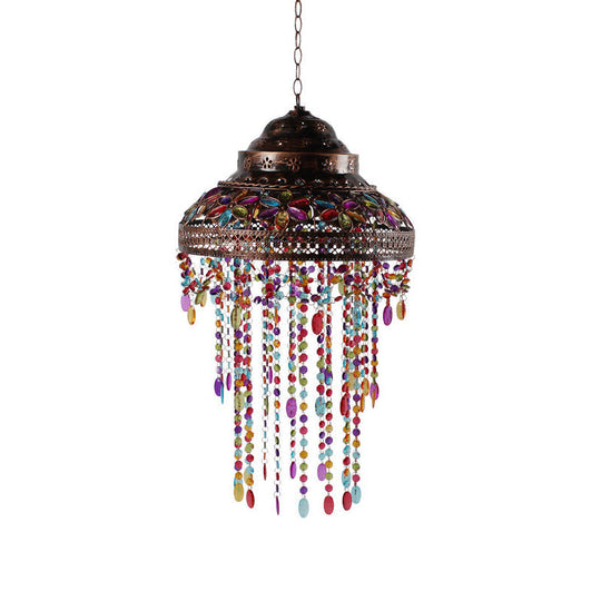 Boho Stained Glass Pendant Copper Lamp - Bowl Dining Room Down Light With Beaded Drape