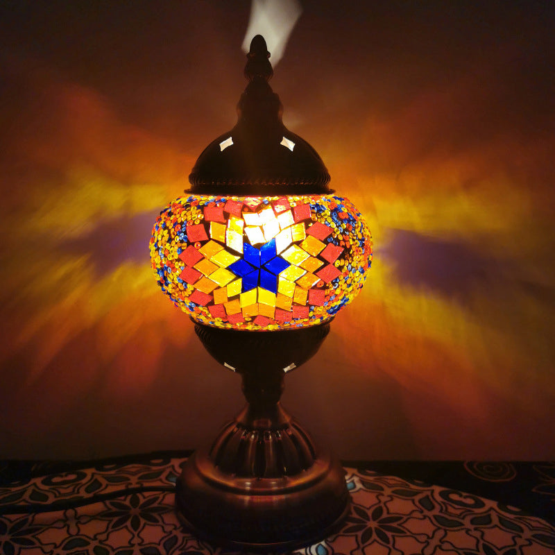 Turkish 1-Light Stained Glass Globe Table Lamp With Sunflower Pattern In Bronze Perfect Nightstand