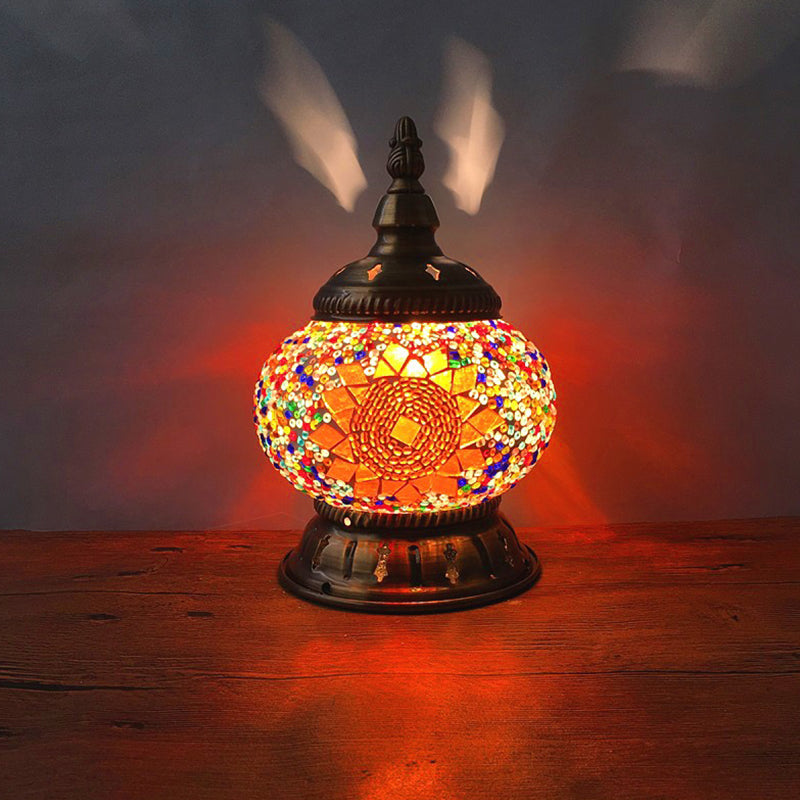 Moroccan Stained Glass Pumpkin Night Lamp - Elegant Bedroom Table Lighting In Blue/Orange/White