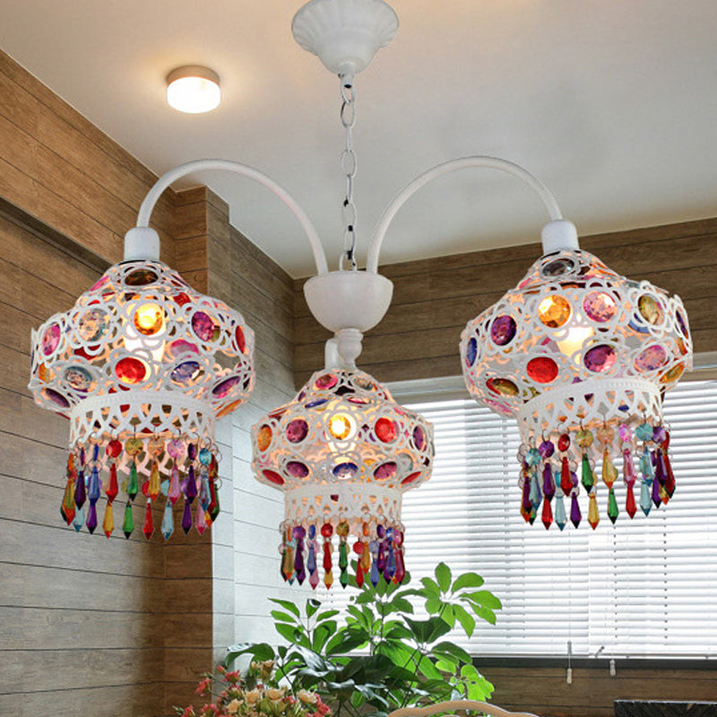 Turkish Beaded Lantern Chandelier - 3 Head White/Red Acrylic Hollowed-Out Ceiling Light For Dining