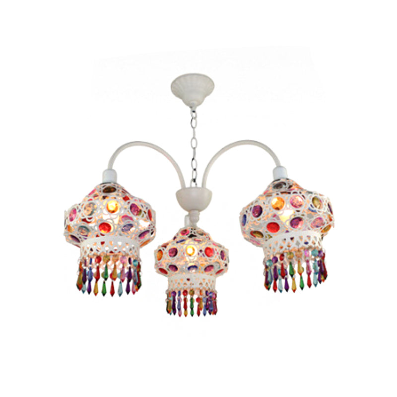 Turkish Beaded Lantern Chandelier - 3 Head White/Red Acrylic Hollowed-Out Ceiling Light For Dining