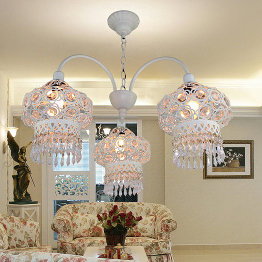 Turkish Beaded Lantern Chandelier - 3 Head White/Red Acrylic Hollowed-Out Ceiling Light For Dining