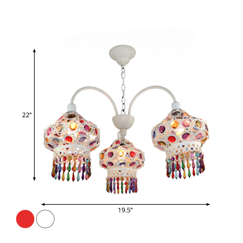 Turkish Beaded Lantern Chandelier - 3 Head White/Red Acrylic Hollowed-Out Ceiling Light For Dining