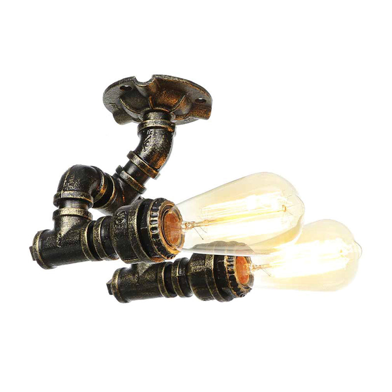 Antique Brass/Aged Silver/Antique Bronze Semi Flush Industrial Ceiling Light with 2 Tubing Indoor Lights