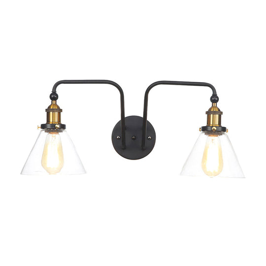 Industrial Style Clear Glass Sconce Lamp - 2 Lights Black Cone/Bowl Design Living Room Wall Lighting