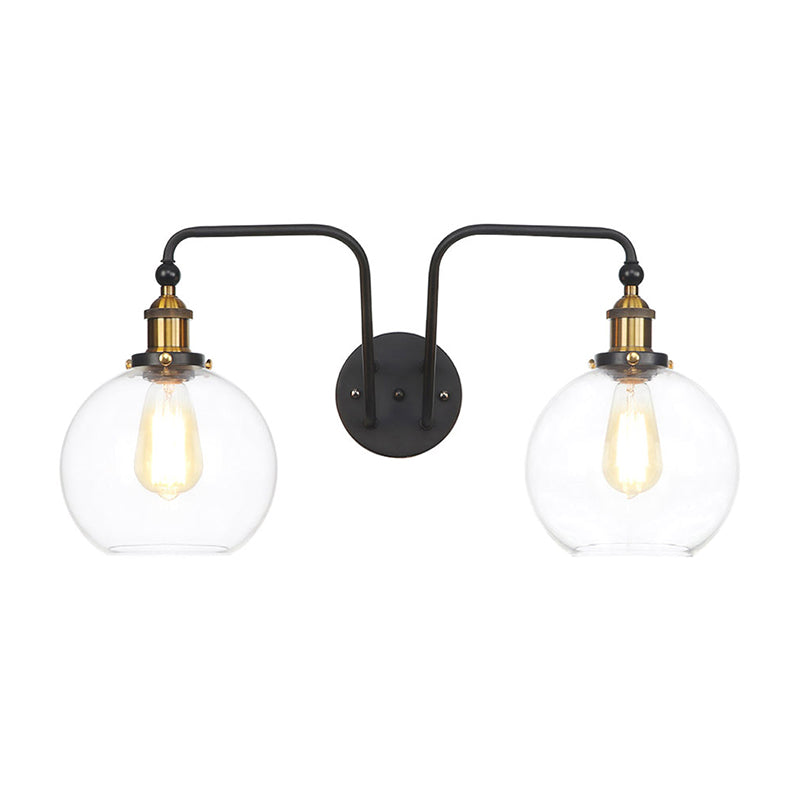 Industrial Clear Glass Globe/Bowl Wall Sconce Lamp Black Finish 2 Lights For Dining Room Lighting /