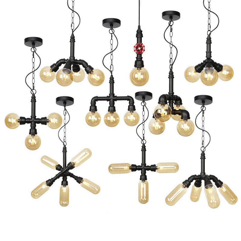 Vintage Amber/Clear Glass Chandelier Pendant Lamp - 4 Lights Global, Black Hanging Ceiling Fixture