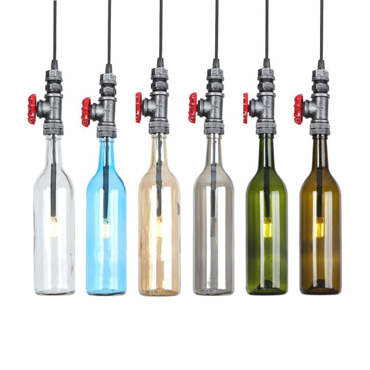 Industrial Hanging Pendant Lamp with Wine Bottle Glass Shades in Black, Silver, or Bronze Finish